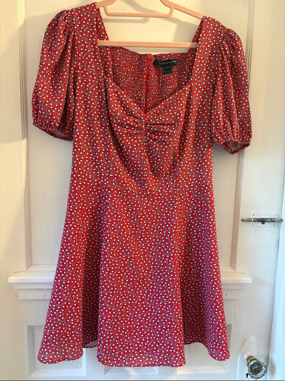 French Connection Red Mini Dress with White and Blue Print